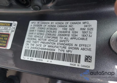 2021 Honda Cr-V Awd Ex-L from USA, damaged, VIN 2HKRW2H89MH645654